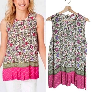 J. Jill Pink Floral Sleeveless Pleated Tunic Blouse Top Size Medium Spring Boho